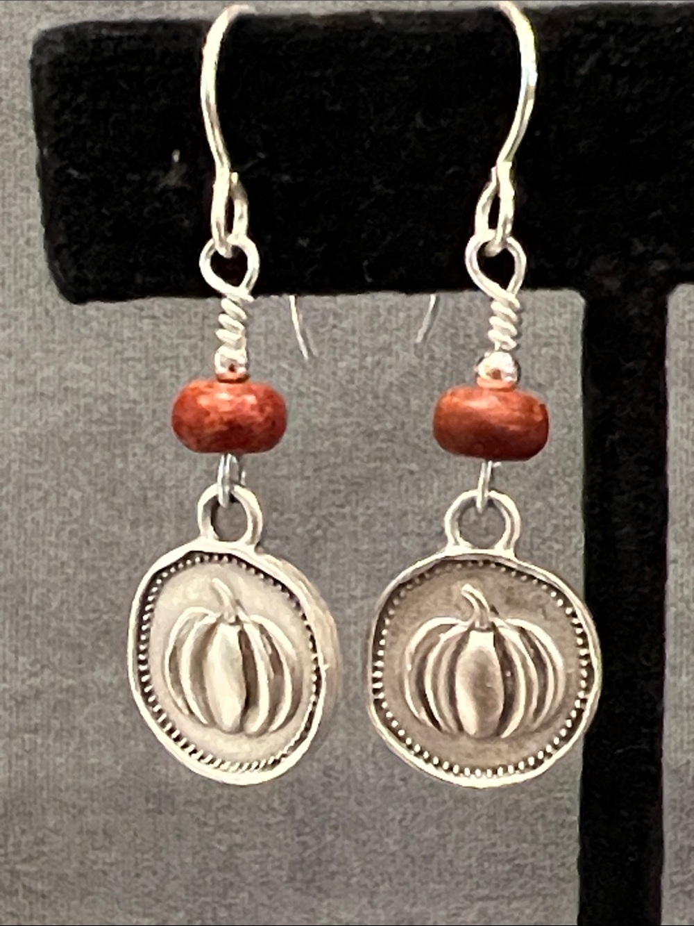 Pumpkin charm sterling 925 dangle earrings Picasso Jasper gemstones - Picture 3 of 9